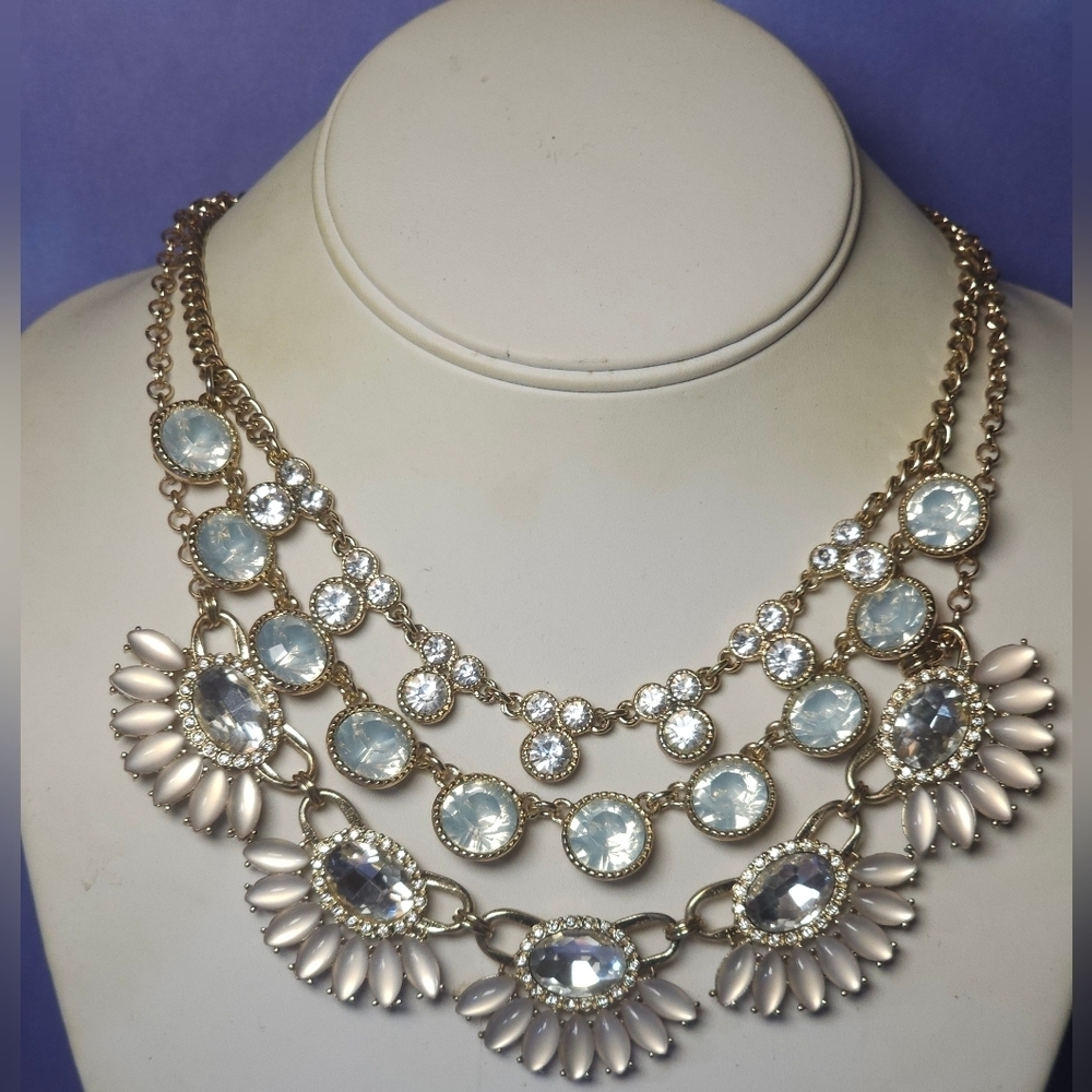 Layered Rhinestone Triple Chain Statement Necklace Gold Tone